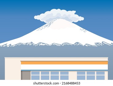 Minimart frente a la montaña Fuji y cubierto con nubes blancas en la parte superior, adecuado para presentaciones, afiches y fondo.