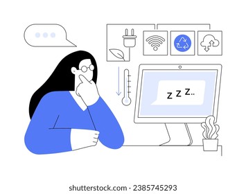 Minimization energy consumption abstract concept vector illustration. Woman thinking about energy consumption optimization, green computing, power management, green use abstract metaphor.