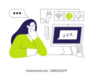 Minimization energy consumption abstract concept vector illustration. Woman thinking about energy consumption optimization, green computing, power management, green use abstract metaphor.