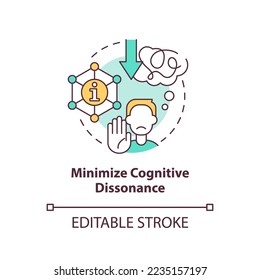 Minimizar el icono de concepto de disonancia cognitiva. Explicación del sesgo confirmatorio abstracto idea de la ilustración de línea delgada. Dibujo de contorno aislado. Trazo editable. Fuentes Arial, Myriad Pro-Bold utilizadas