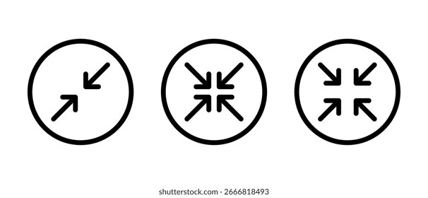 Minimize and collapse button icon set. Exit full screen symbol in circular outline