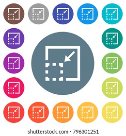 Minimize element flat white icons on round color backgrounds. 17 background color variations are included.