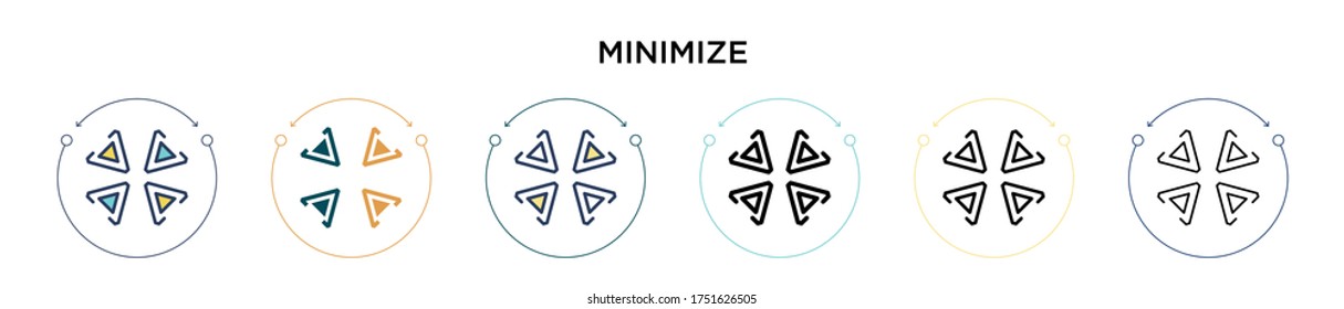 Minimize icon in filled, thin line, outline and stroke style. Vector illustration of two colored and black minimize vector icons designs can be used for mobile, ui, web