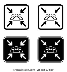 Minimize icon four 4 arrows icon meeting point, rally compact size small scale arrows icons. Set of meeting point. shrink icon resize in arrows. Vector illustration.