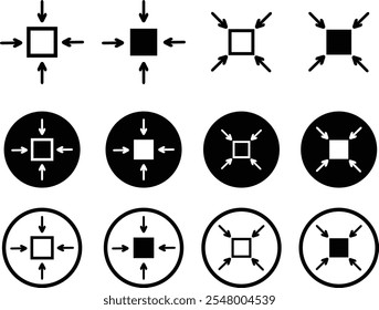 minimize icon set rally compact size small scale arrows icons . shrink icon resize in arrows vector graphic design elements, isolated on transparent background, used for mobile app, web page or ui.