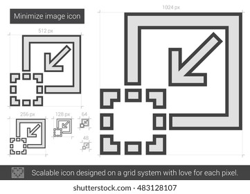 Minimizar o ícone de linha de vetor de imagem isolado no plano de fundo branco. Minimizar ícone de linha de imagem para infográfico, site ou aplicativo. Ícone escalável projetado em um sistema de grade.