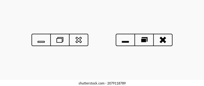 Minimize, Maximize, And Close Button Icon Vector For Web And UI. Linear Black Vector Web Buttons For Software And Application. Vector Close Web Window Design