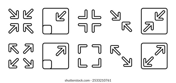 Minimieren und maximieren Icon Set Symbol Rally kompakte Größe Icon kleine große Skala Pfeil. Vollbild, erweitern, reduzieren, kleiner Bildschirm. Vergrößerungssymbole verkleinern die Größe in Pfeilen. Vektorgrafik