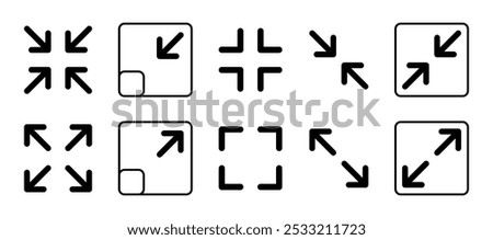 Minimize and maximize icon set icon rally compact size icon small large scale arrow. Full screen, expand, reduce, small screen. Shrink enlarge icons resize in arrows. Vector illustration