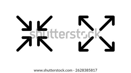 Minimize and maximize icons with arrows pointing inward and outward, representing resizing, zoom, or screen adjustment in minimalistic black and white design