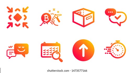Minimize, Office box and Search calendar line icons set. Swipe up, Bitcoin mining and Happy emotion signs. Approved, Timer symbols. Small screen, Delivery box. Technology set. Vector