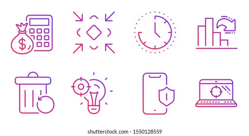 Minimize, Smartphone protection and Recovery trash line icons set. Time, Decreasing graph and Finance calculator signs. Seo idea, Seo laptop symbols. Small screen, Phone. Technology set. Vector