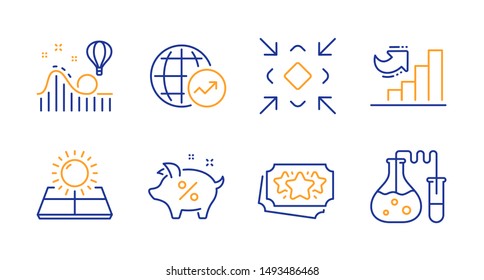Minimize, Sun energy and Roller coaster line icons set. Loan percent, Growth chart and World statistics signs. Loyalty points, Chemistry lab symbols. Small screen, Solar panels. Vector