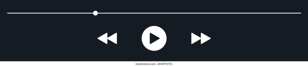 Minimized video player bar, audio control panel. App or web widget with song duration line. Music Mini user interface dark theme. UI display for podcast with play skip Buttons. Playback screen mockup