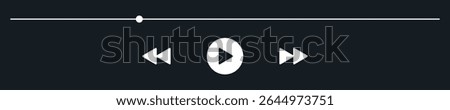 Minimized video player bar, audio control panel. App or web widget with song duration line. Music Mini user interface dark theme. UI display for podcast with play skip Buttons. Playback screen mockup