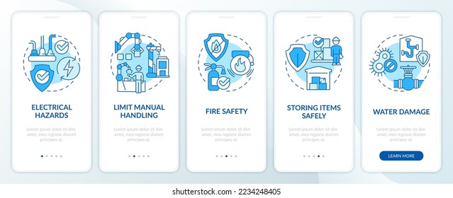 Minimizar accidentes en el trabajo pantalla azul de aplicación móvil. Recorrido 5 pasos instrucciones gráficas editables con conceptos lineales. UI, UX, plantilla GUI. Multitud de tipos de letra Pro-Bold, con uso regular