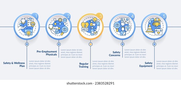 Minimizar los accidentes laborales aconseja una plantilla de infografía de círculo. Visualización de datos con 5 pasos. Gráfico de información de línea de tiempo editable. Diseño de flujo de trabajo con iconos de línea. Lato-Bold, fuentes regulares usadas