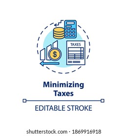 Minimizing Taxes Concept Icon. Business Management, Investment Tips Idea Thin Line Illustration. Financial Literacy, Decreasing Tax Fees. Vector Isolated Outline RGB Color Drawing. Editable Stroke