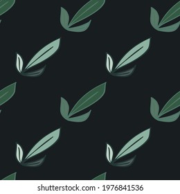 Minimlistic dark seamless pattern with green outline leaves ornament. Black background. Simple style. Perfect for fabric design, textile print, wrapping, cover. Vector illustration.