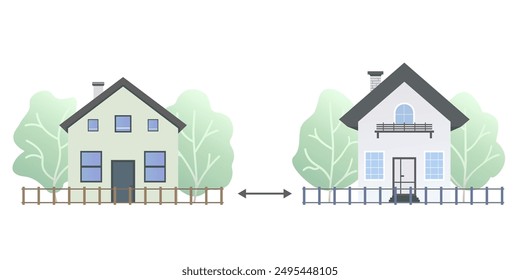 Distancia mínima entre edificios. Exhibición de una casa residencial y tienda con un indicador de distancia en una Ilustración vectorial. Regulación de la vivienda humana.