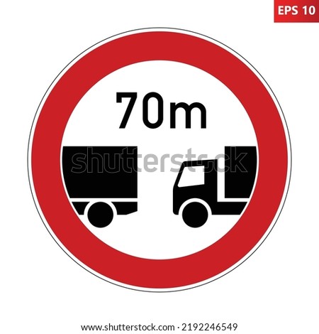 Minimum following distance road sign. Vector illustration of red circular mandatory traffic sign with two truck icon inside. Safe distance between vehicles. Safety symbol isolated on white background.