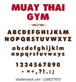 Minimum set of stylized alphabet letters, numbers and punctuation marks. Regular font type. Font for sports emblems, labels, posters. Modern abstract bold font and alphabet. ypeface for design.