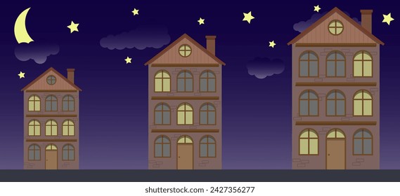 El edificio residencial suburbano mínimo de ilustraciones vectoriales. Lindas casas en la noche. EPS 10.​