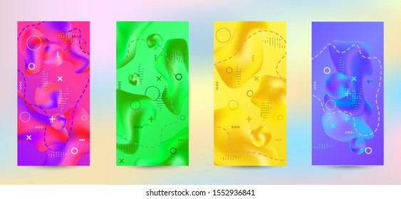 Minimum vector coverage. A set of modern abstract covers. A bright smooth grid is blurred by a futuristic pattern in pink, blue, green, yellow, purple.