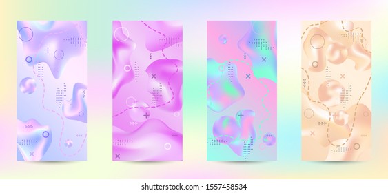 Minimum vector coverage. A set of modern abstract covers. A bright smooth grid is blurred by a futuristic pattern in pink, blue, green, yellow, purple.
