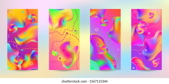 Minimum vector coverage. A set of modern abstract covers. A bright smooth grid is blurred by a futuristic pattern in pink, blue, green, yellow, purple.