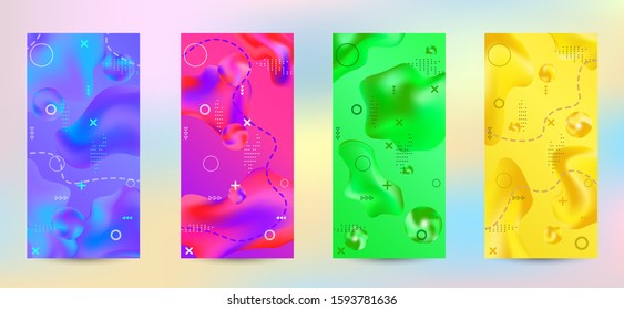 Minimum vector coverage. A set of modern abstract covers. A bright smooth grid is blurred by a futuristic pattern in pink, blue, green, yellow, purple.