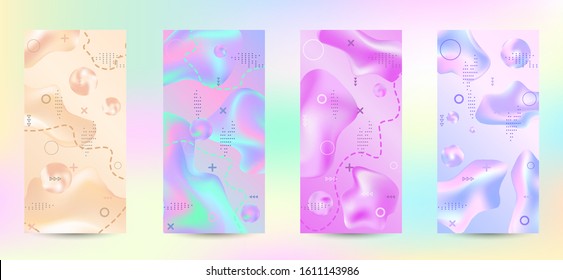 Minimum vector coverage. A set of modern abstract covers. A bright smooth grid is blurred by a futuristic pattern in pink, blue, green, yellow, purple.
