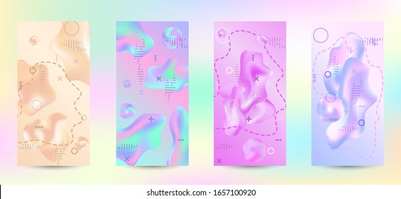 Minimum vector coverage. A set of modern abstract covers. A bright smooth grid is blurred by a futuristic pattern in pink, blue, green, yellow, purple.