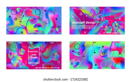 Minimum vector coverage. A set of modern abstract covers. A bright smooth grid is blurred by a futuristic pattern in pink, blue, green, yellow, purple.