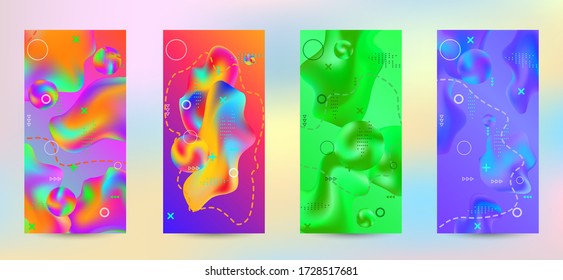 Minimum vector coverage. A set of modern abstract covers. A bright smooth grid is blurred by a futuristic pattern in pink, blue, green, yellow, purple.
