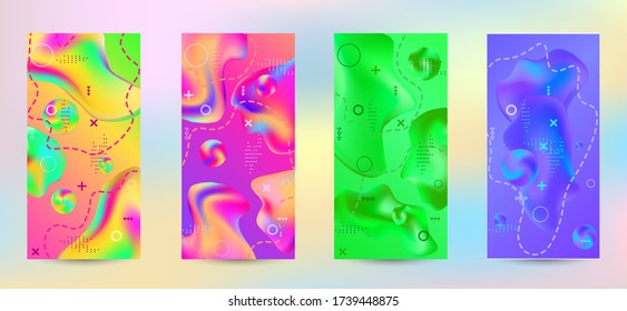 Minimum vector coverage. A set of modern abstract covers. A bright smooth grid is blurred by a futuristic pattern in pink, blue, green, yellow, purple.