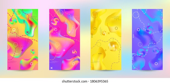 Minimum vector coverage. A set of modern abstract covers. A bright smooth grid is blurred by a futuristic pattern in pink, blue, green, yellow, purple.