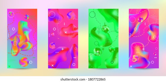 Minimum vector coverage. A set of modern abstract covers. A bright smooth grid is blurred by a futuristic pattern in pink, blue, green, yellow, purple.