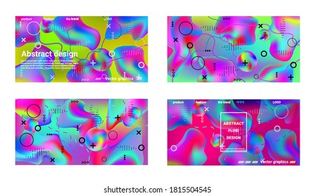 Minimum vector coverage. A set of modern abstract covers. A bright smooth grid is blurred by a futuristic pattern in pink, blue, green, yellow, purple.