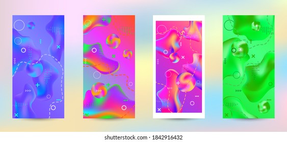 Minimum vector coverage. A set of modern abstract covers. A bright smooth grid is blurred by a futuristic pattern in pink, blue, green, yellow, purple.