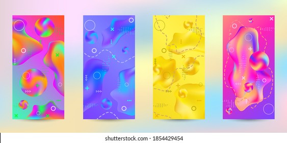 Minimum vector coverage. A set of modern abstract covers. A bright smooth grid is blurred by a futuristic pattern in pink, blue, green, yellow, purple.