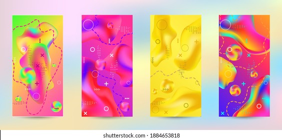 Minimum vector coverage. A set of modern abstract covers. A bright smooth grid is blurred by a futuristic pattern in pink, blue, green, yellow, purple.