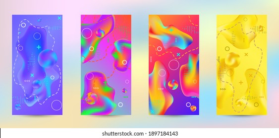 Minimum vector coverage. A set of modern abstract covers. A bright smooth grid is blurred by a futuristic pattern in pink, blue, green, yellow, purple.