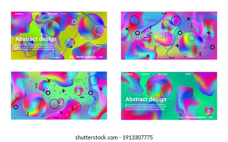 Minimum vector coverage. A set of modern abstract covers. A bright smooth grid is blurred by a futuristic pattern in pink, blue, green, yellow, purple.