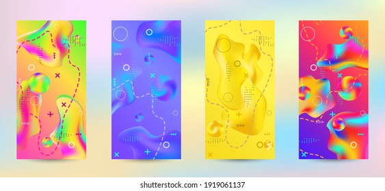 Minimum vector coverage. A set of modern abstract covers. A bright smooth grid is blurred by a futuristic pattern in pink, blue, green, yellow, purple.