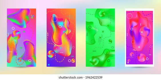 Minimum vector coverage. A set of modern abstract covers. A bright smooth grid is blurred by a futuristic pattern in pink, blue, green, yellow, purple.