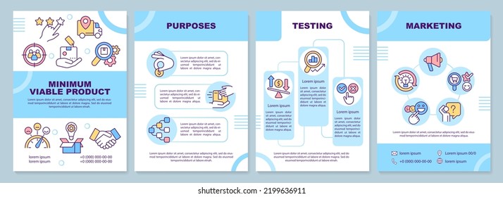 Minimum viable product blue brochure template. Business. Leaflet design with linear icons. Editable 4 vector layouts for presentation, annual reports. Arial-Black, Myriad Pro-Regular fonts used