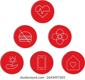 minimum wellness icon including care, mindfulness, no junk food, self-love and digital balance icons with transparent background.