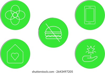minimum wellness icon including care, mindfulness, no junk food, self-love and digital balance icons with transparent background.