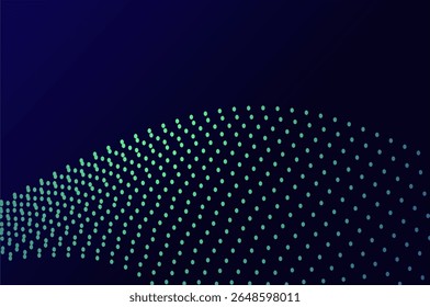 Mininalist Dynamic neon green particle wave line on dark blue abstract background. Abstract sound, data, tech visualization with copy space.